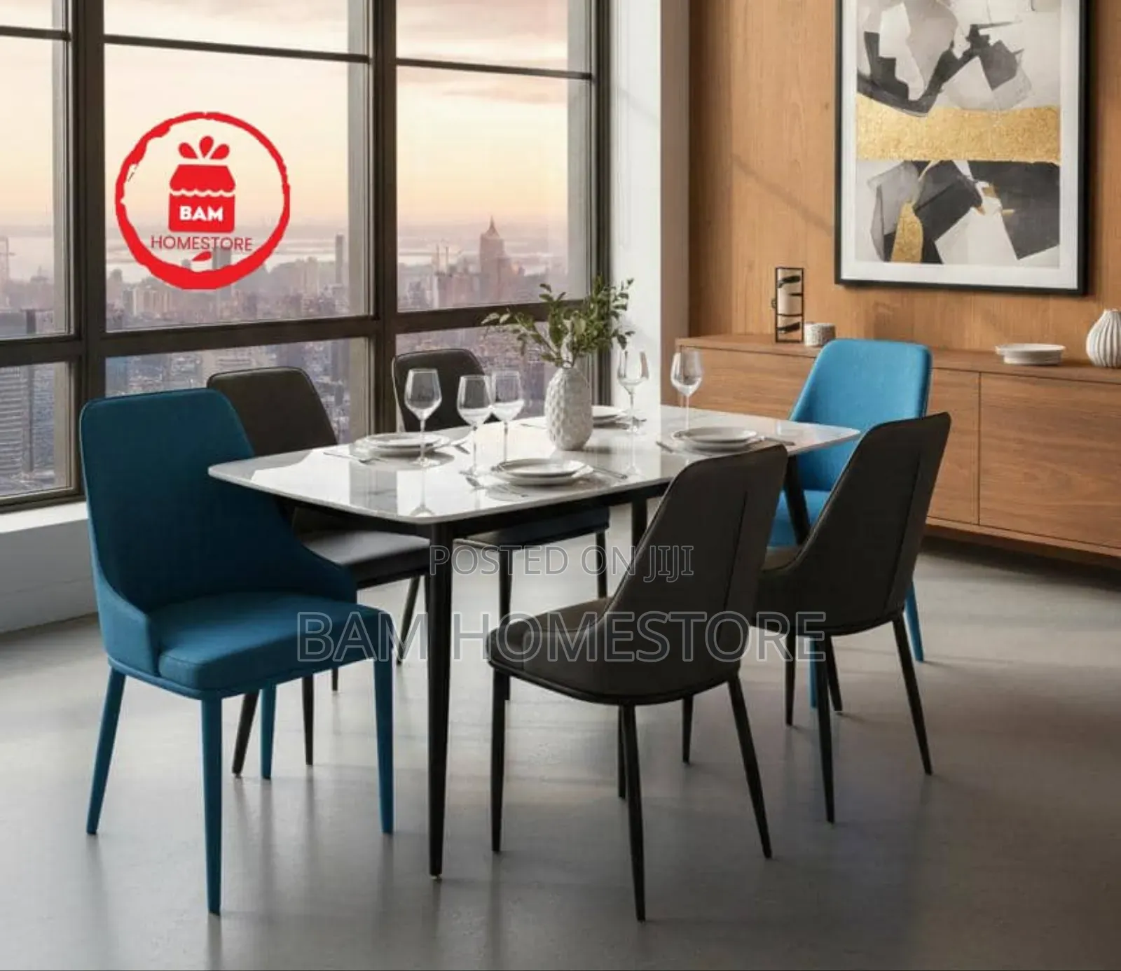 Modern 6-Seater Dining Set - Luxury Marble Top Table 6 Padded Chairs