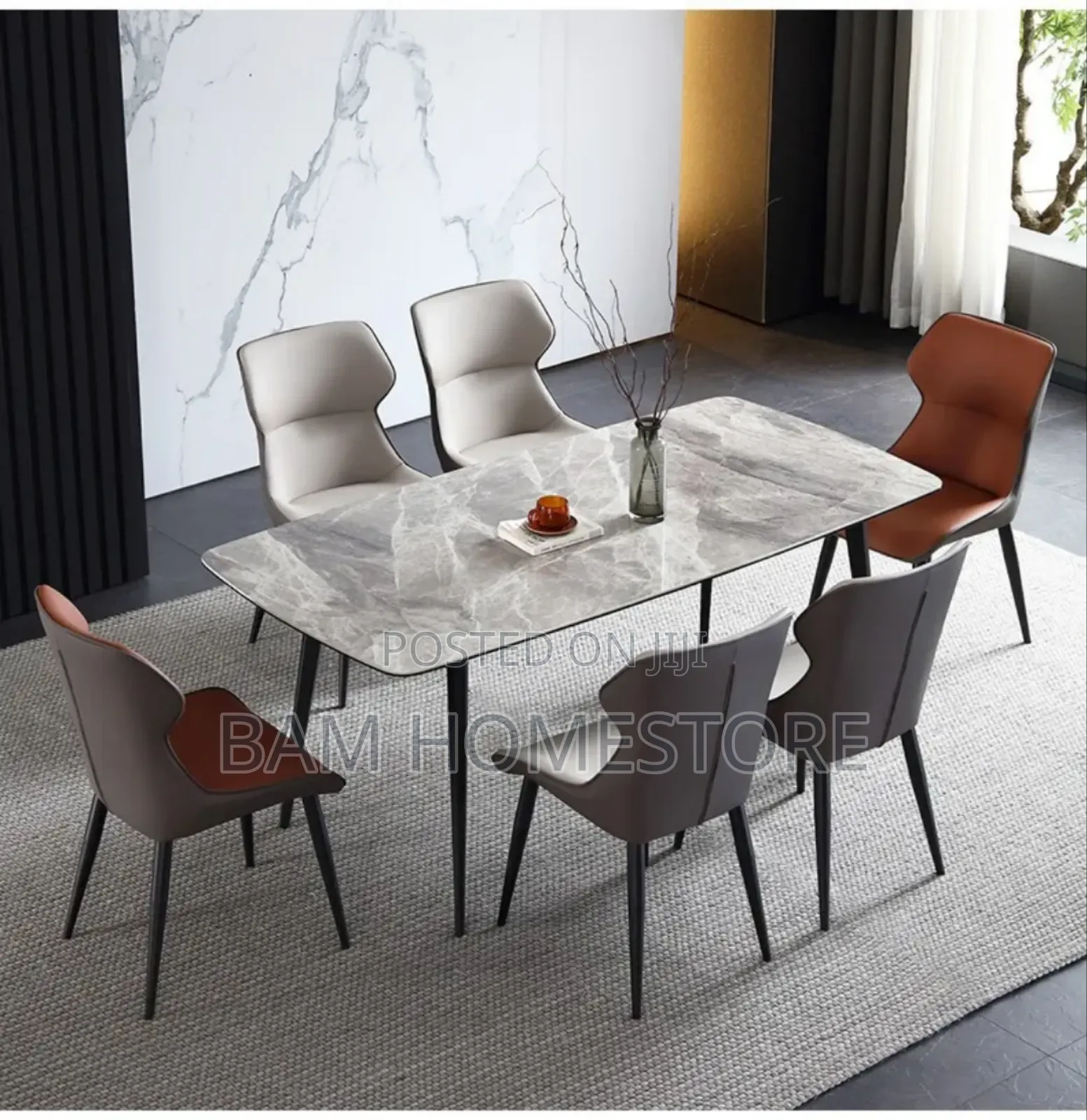 Luxury 6-Seater Grey Marble Dining Table Set -