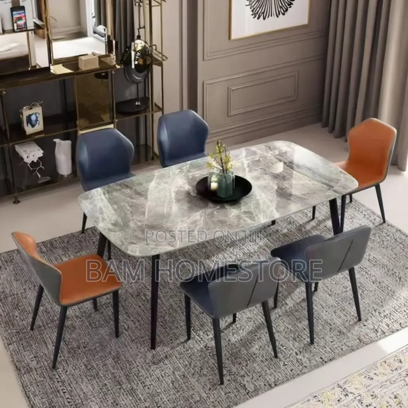 Luxury 6-Seater Grey Marble Dining Table Set -