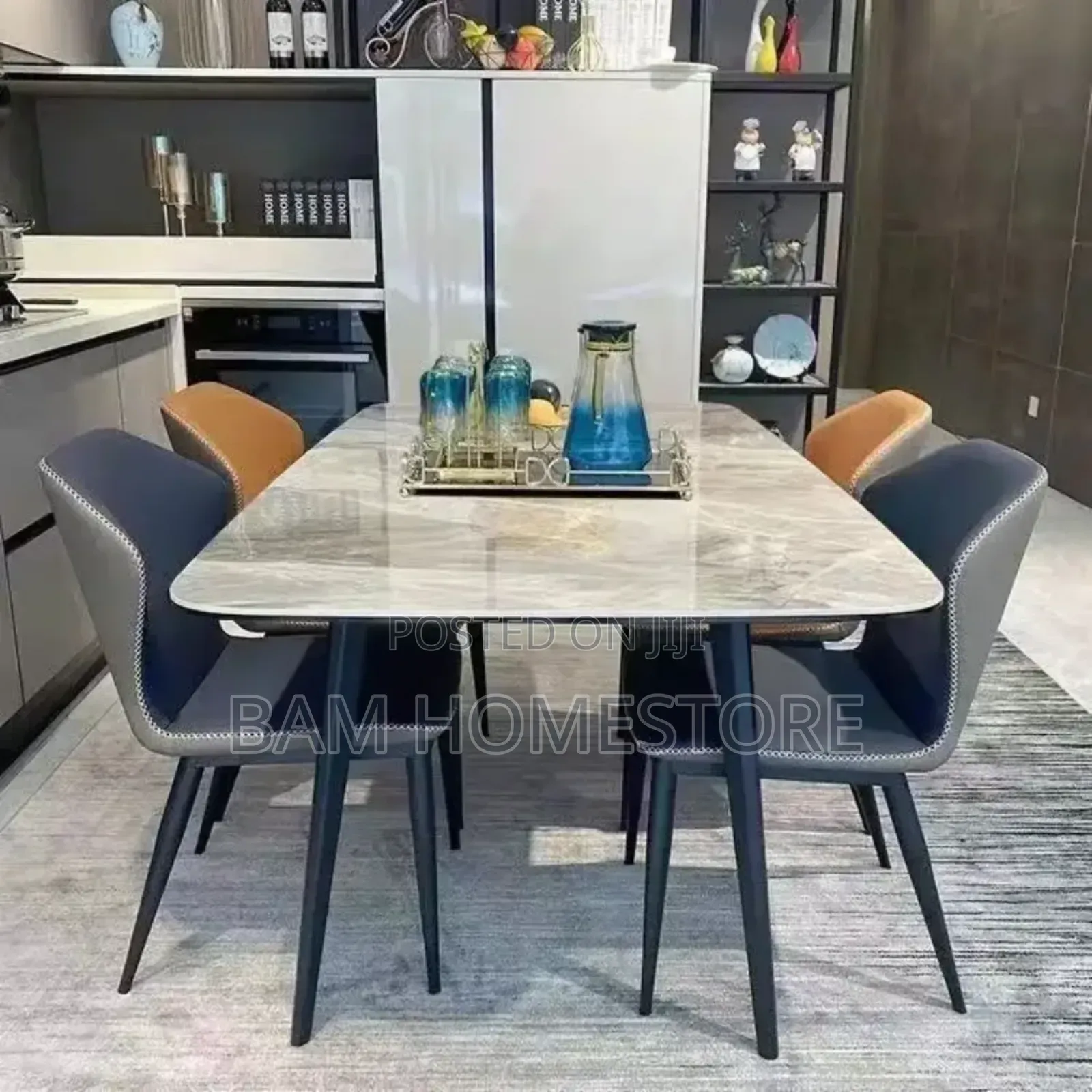 Luxury 6-Seater Grey Marble Dining Table Set -