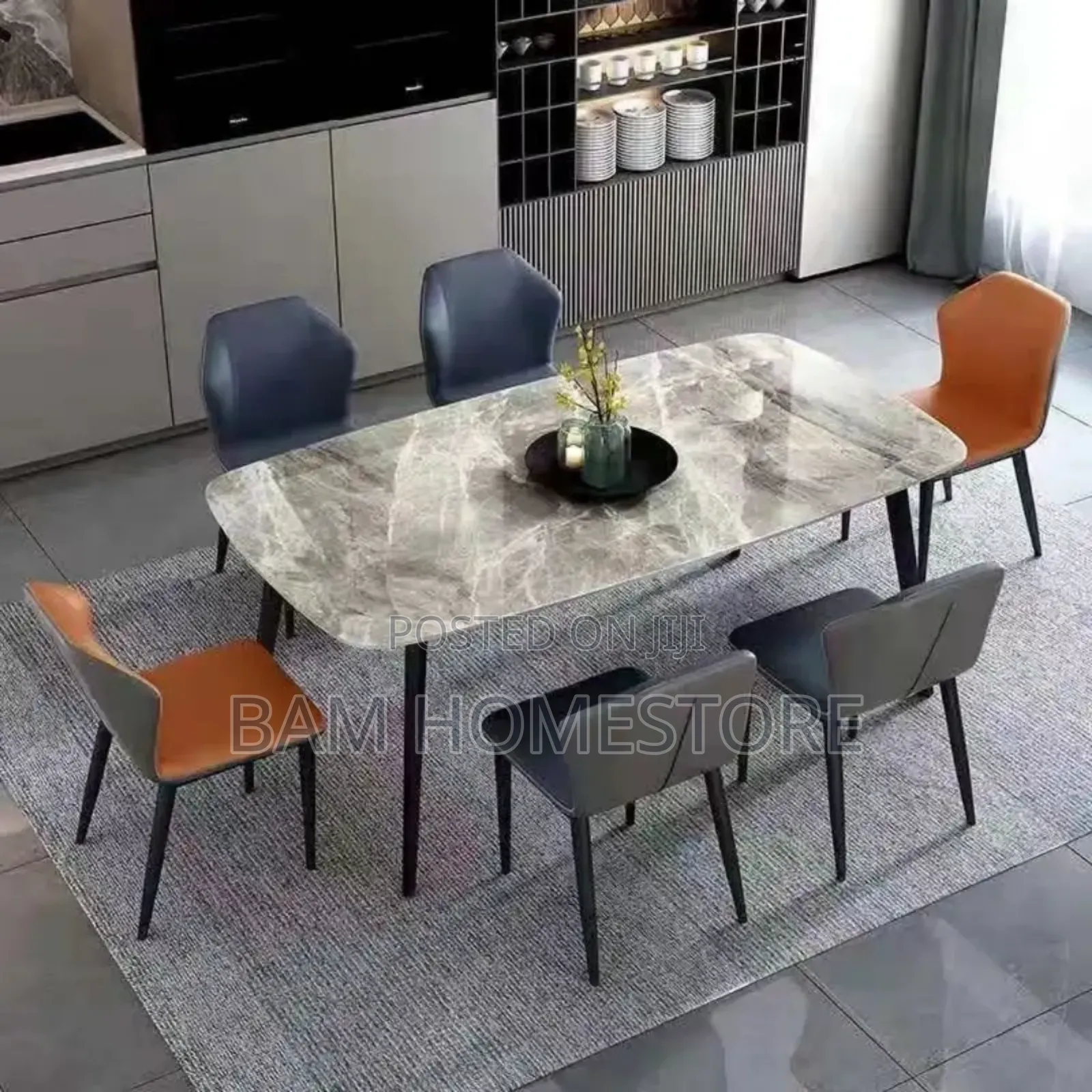 Luxury 6-Seater Grey Marble Dining Table Set -