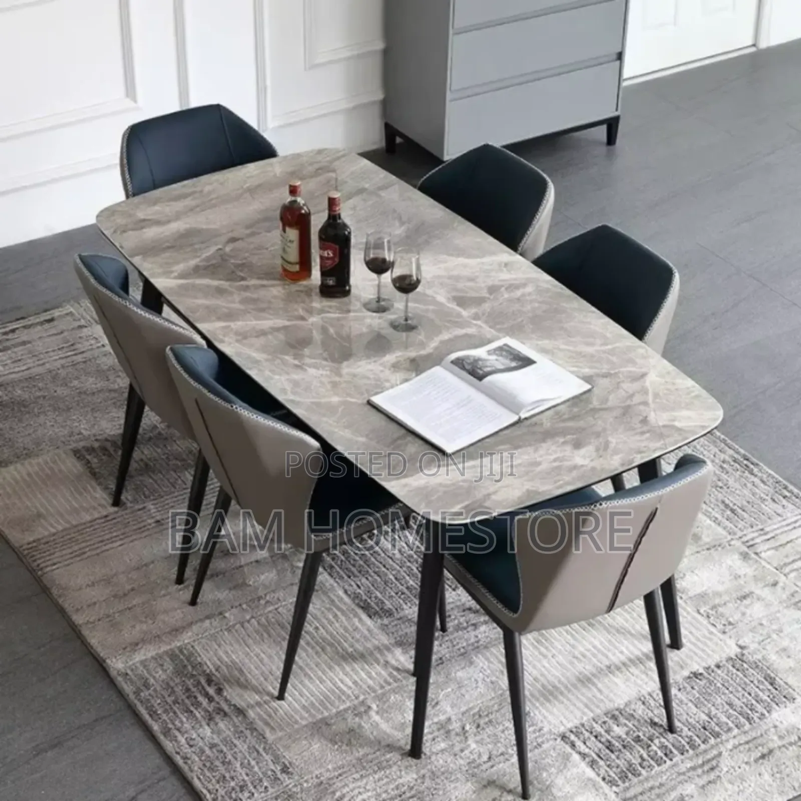 Luxury 6-Seater Grey Marble Dining Table Set -