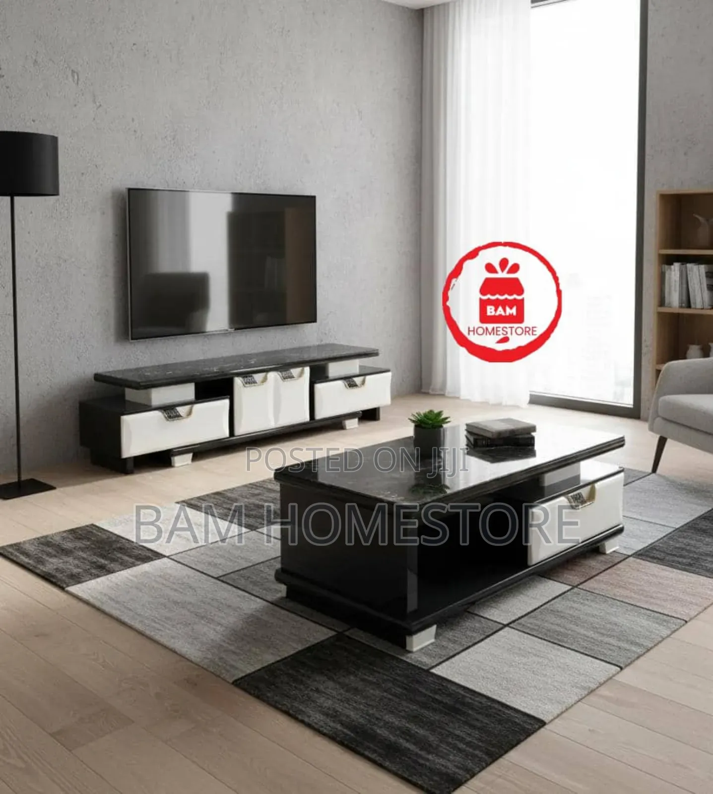 Modern Luxury Tv Showcase Coffee Table Set - Black White Marble