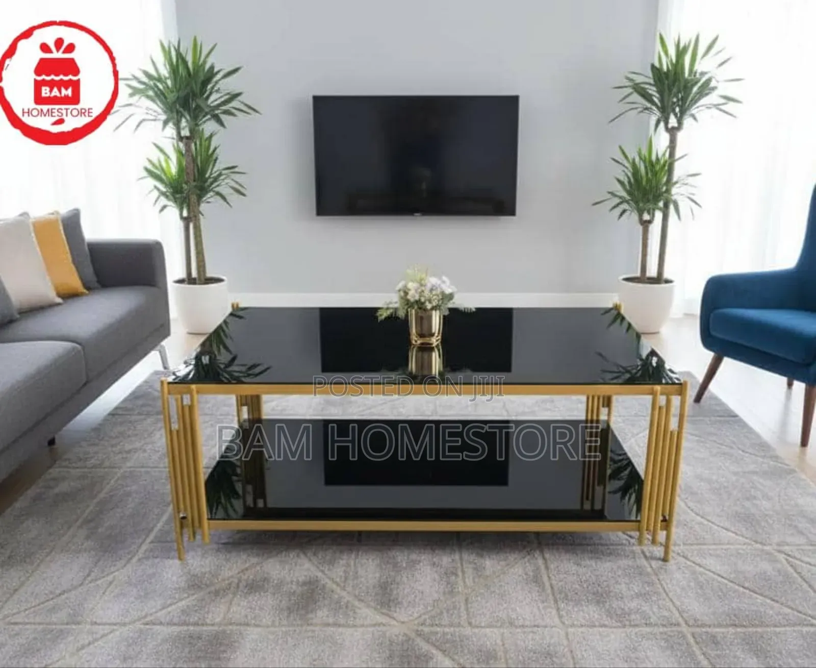 Luxury Black Glass Coffee Table - Modern Gold Frame Meza