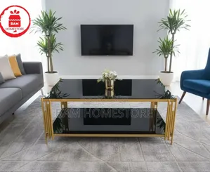 Luxury Black Glass Coffee Table - Modern Gold Frame Meza