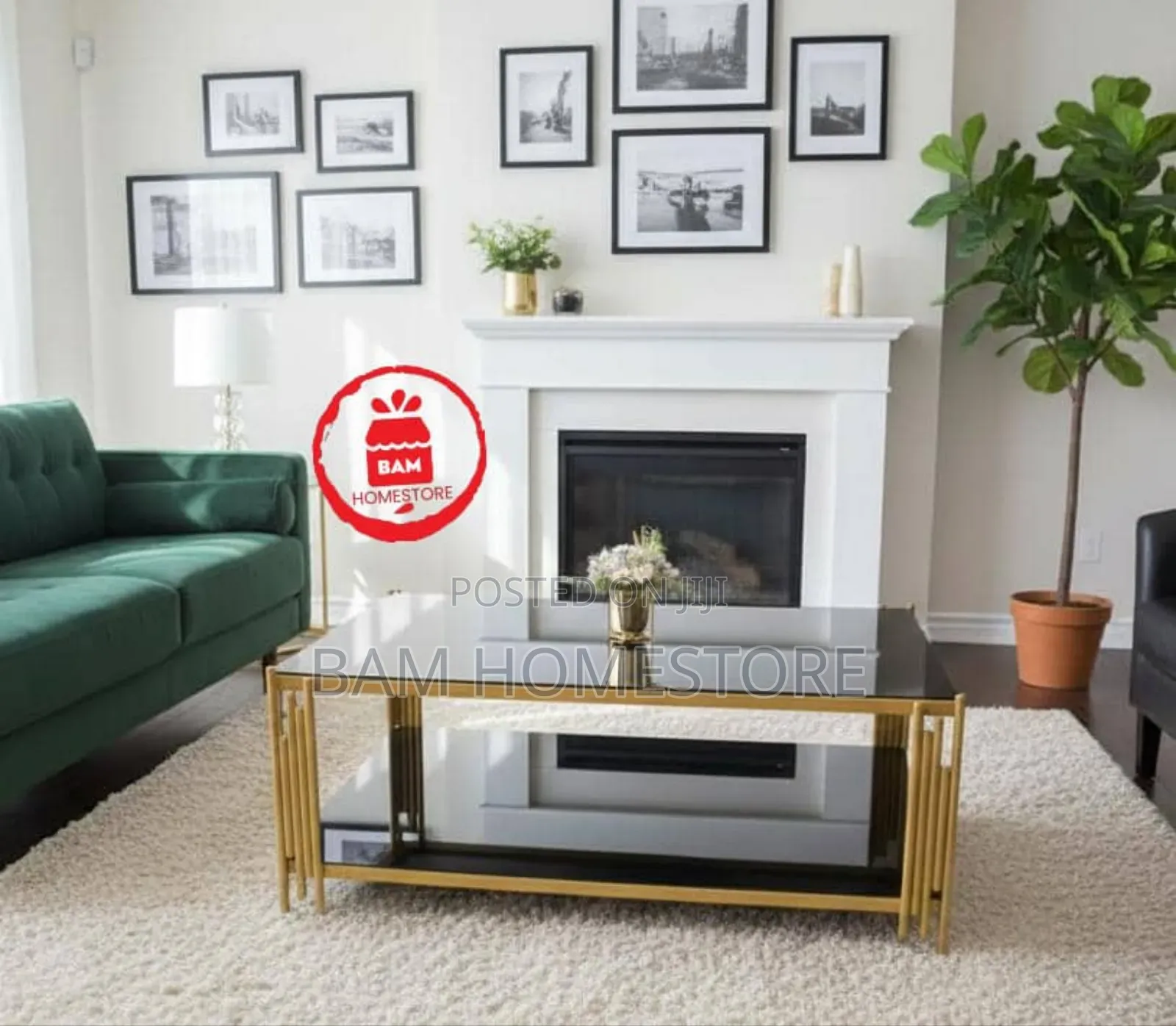 Luxury Black Glass Coffee Table - Modern Gold Frame Meza