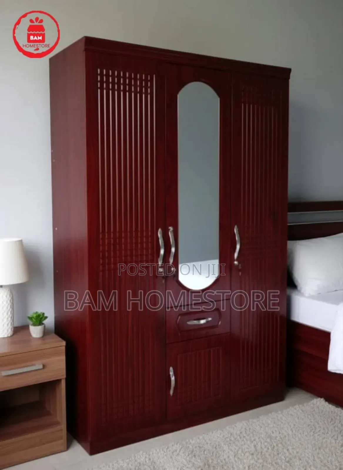 Modern Imported 3-Door Wooden Wardrobe With Mirror - Kabati La Nguo