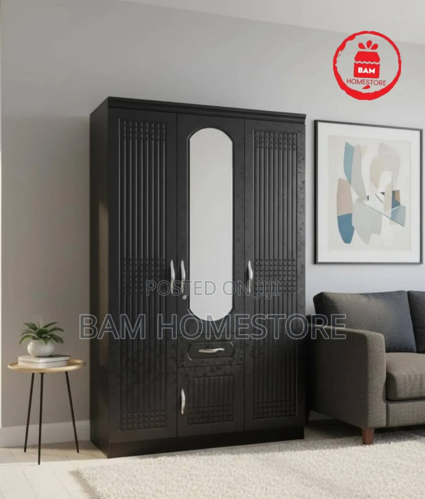 Modern Imported 3-Door Wooden Wardrobe With Mirror - Kabati La Nguo