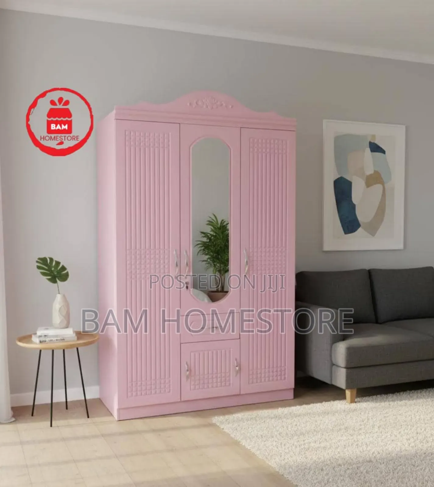 Modern Imported 3-Door Wooden Wardrobe With Mirror - Kabati La Nguo