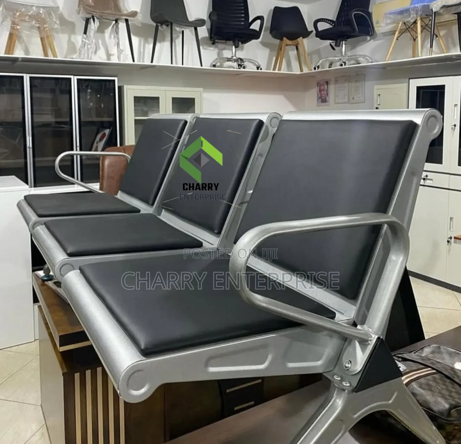3 Seater Waiting Room Bench Chair With Metal Frame And Black Cushions.