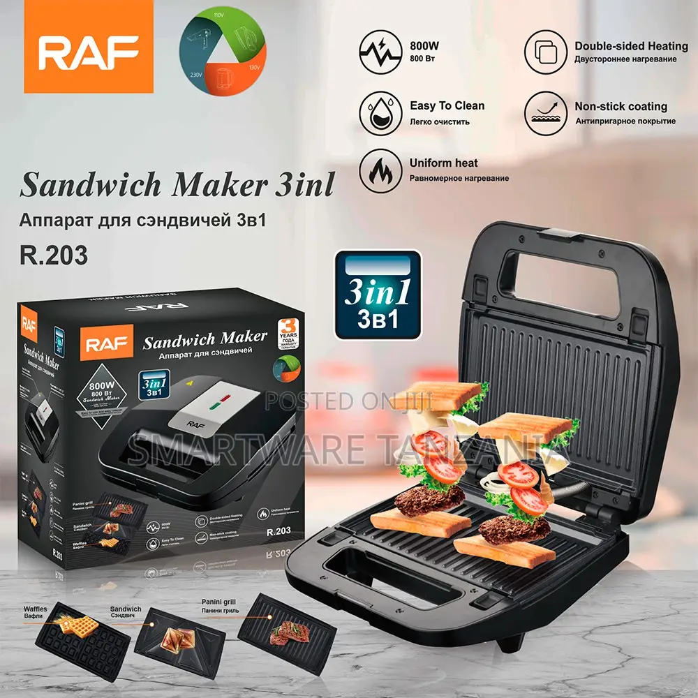 Raf R.203 Sandwich Maker 3-in-1 Waffle Panini Grill 800w Black