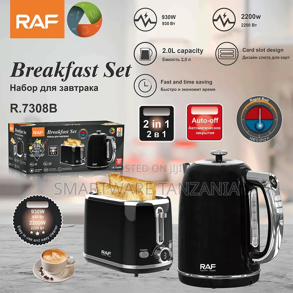 Raf Breakfast Set 2.0l Kettle 930w Toaster Black 2-in-1 Kit