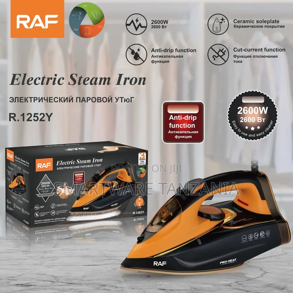 Raf Steam Iron 2600w Orange Accent Ceramic Soleplate R.1252y