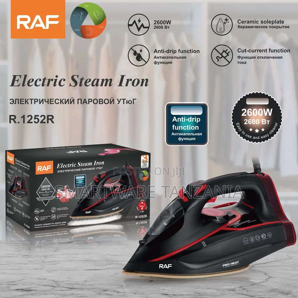 Raf Pro-Heat Steam Iron 2600w Red Ceramic Soleplate R.1252r