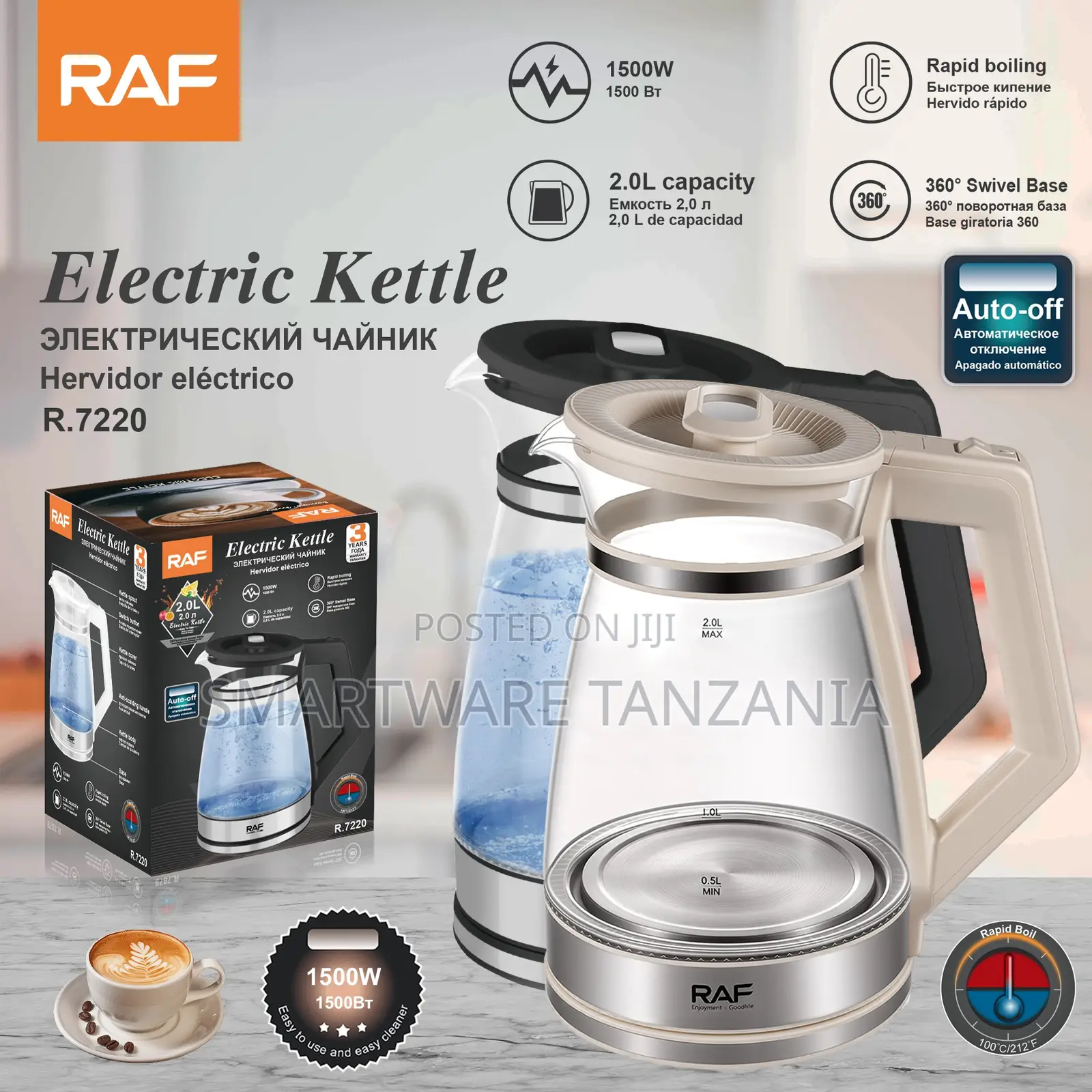 Raf Glass Electric Kettle 1500w 2l Led Light Auto-Off R.7220