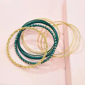 Gold-Coloured Bangle Bracelet Set With Green Detailling