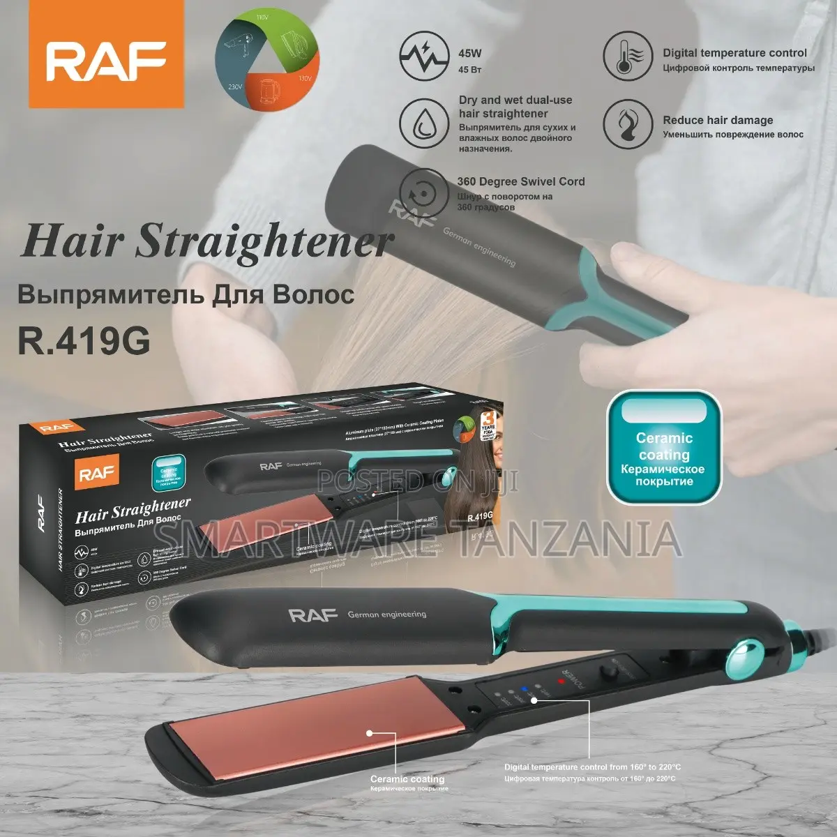 Raf R.419g Ceramic Hair Straightener 45w Digital Control Teal
