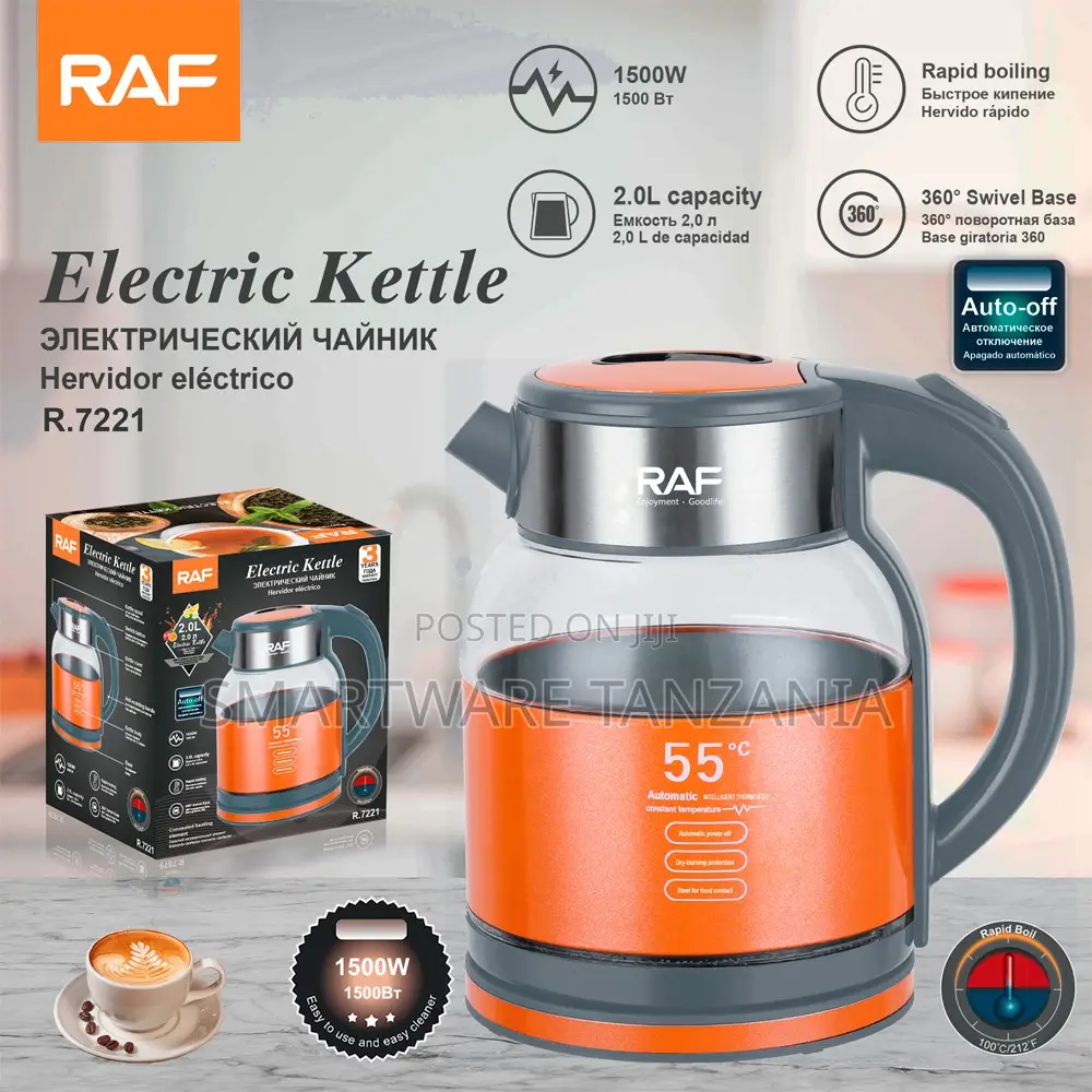 Raf R.7221 Electric Kettle 1500w Orange - 2l Glass Kettle Led