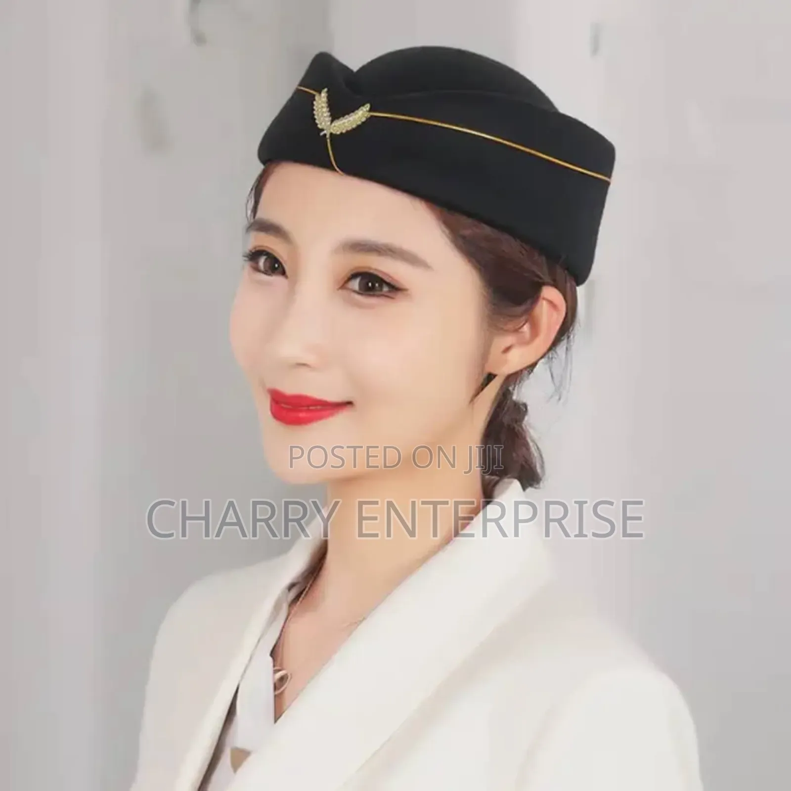 Air Host Cap Flight Attendant Hat With a Gold Leaf Accent