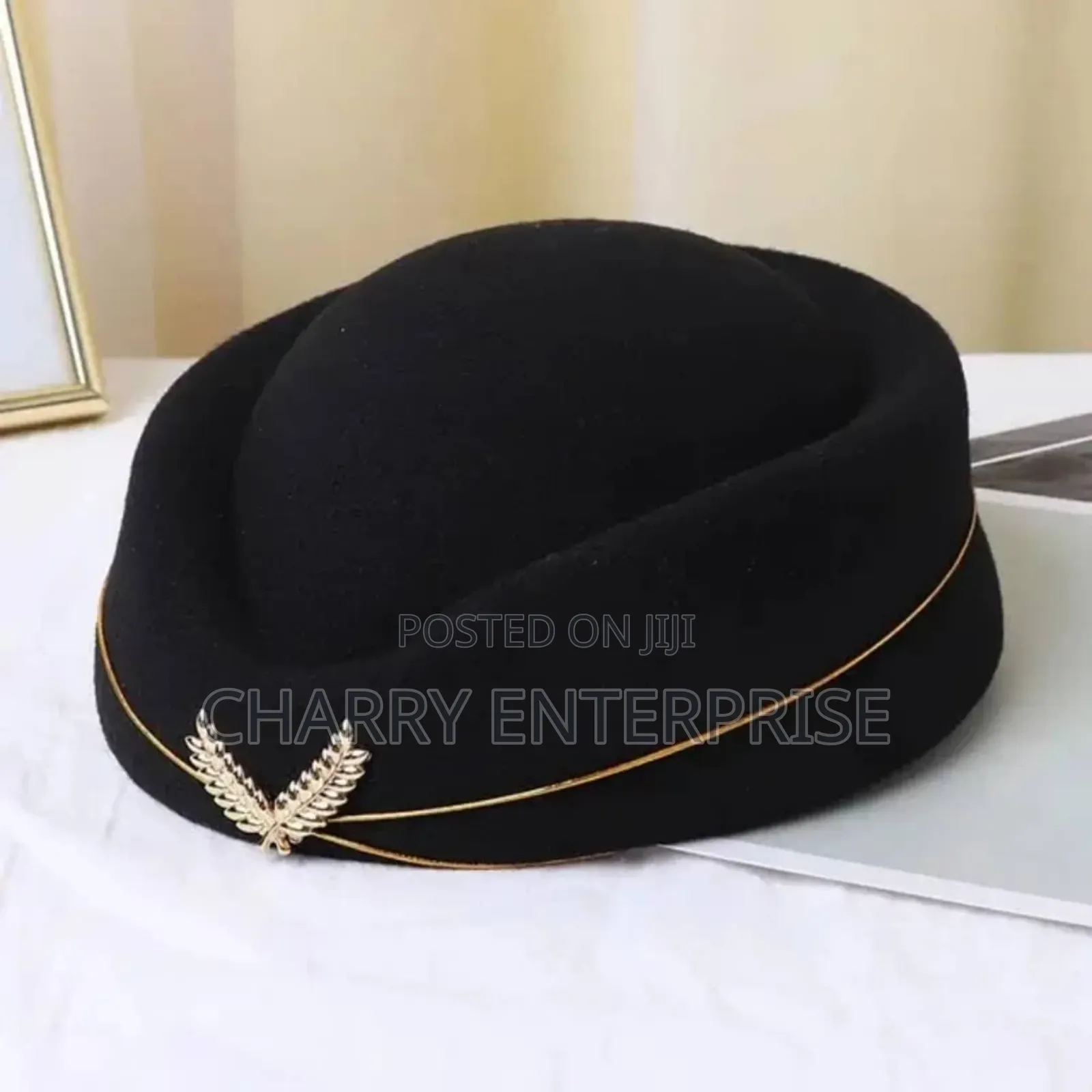 Air Host Cap Flight Attendant Hat With a Gold Leaf Accent