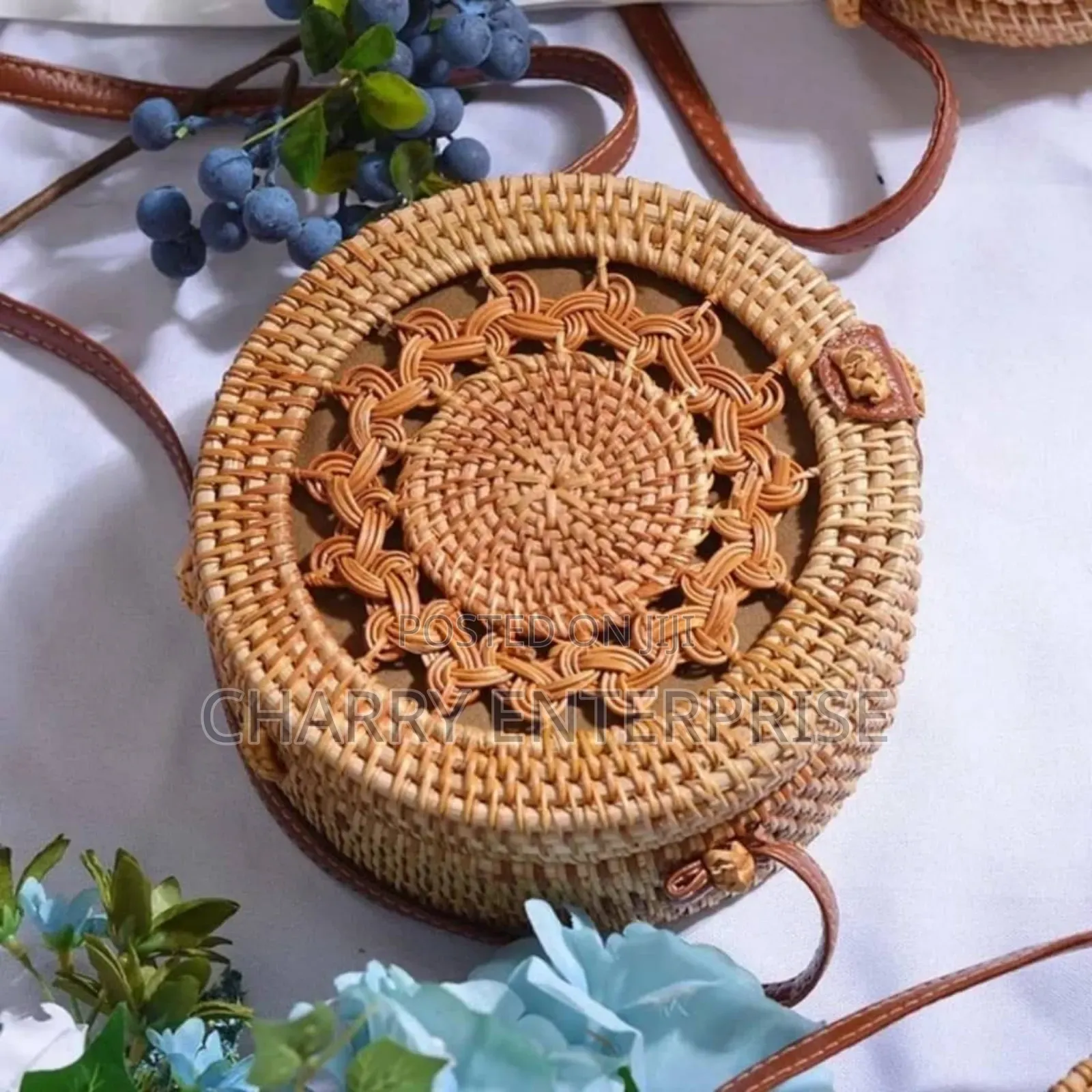 Round, Handwoven Rattan Crossbody Bag With a Leather Strap