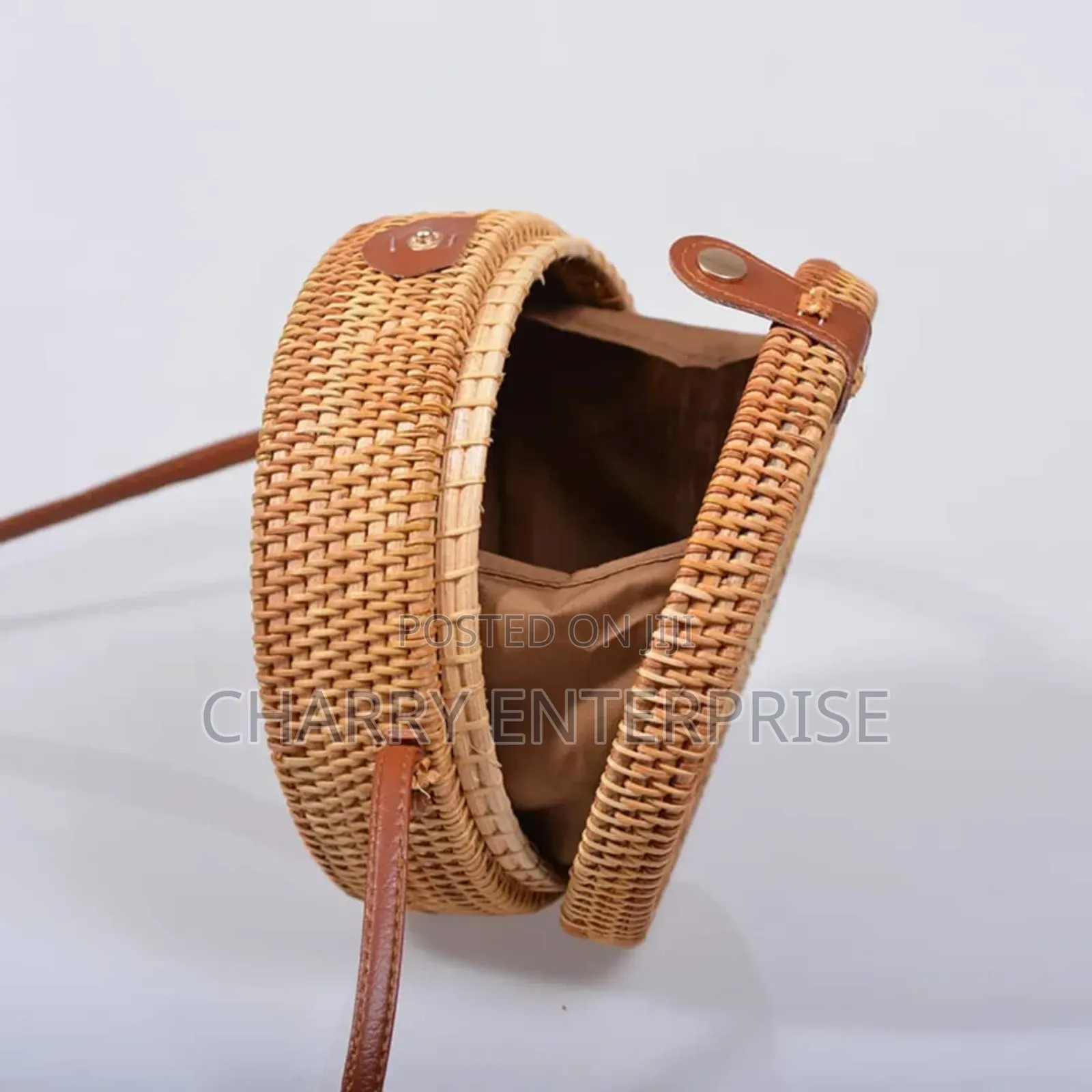 Round, Handwoven Rattan Crossbody Bag With a Leather Strap