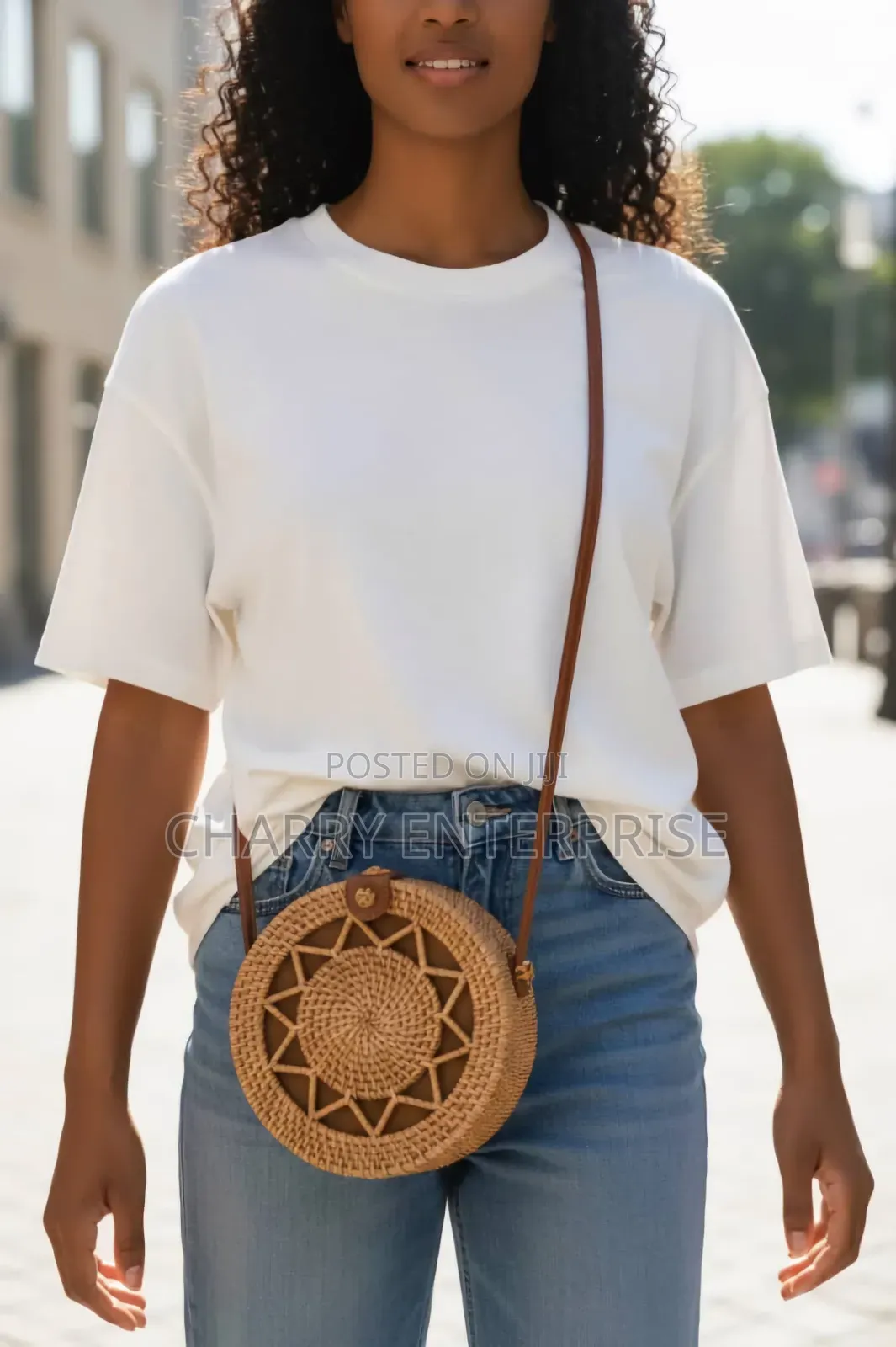 Round, Handwoven Rattan Crossbody Bag With a Leather Strap