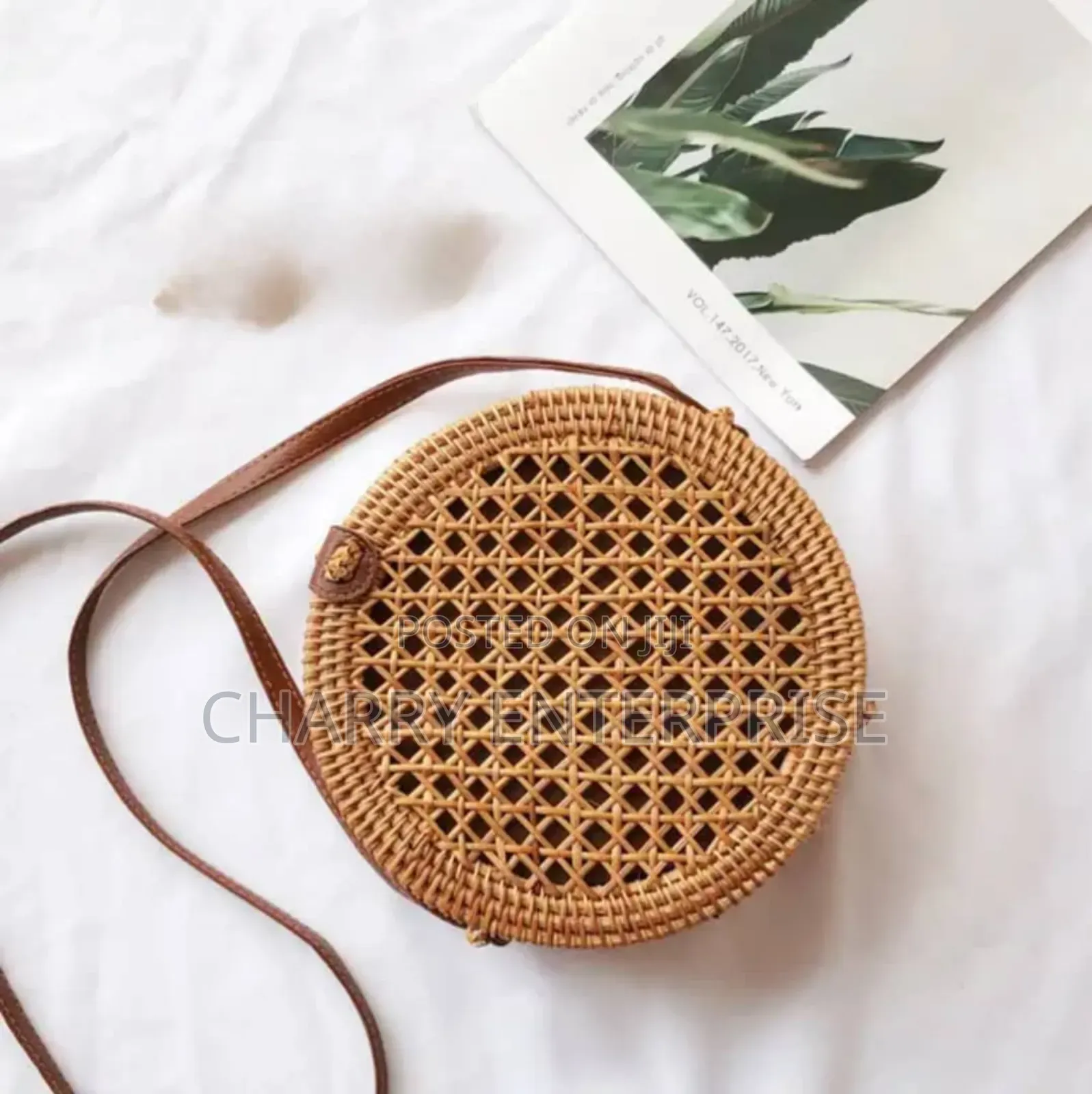 Round, Handwoven Rattan Crossbody Bag With a Leather Strap