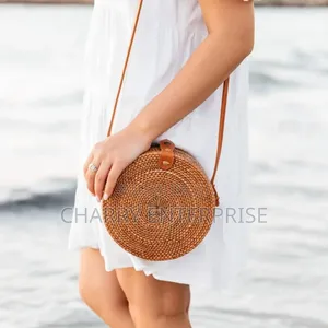 Round, Handwoven Rattan Crossbody Bag With a Leather Strap