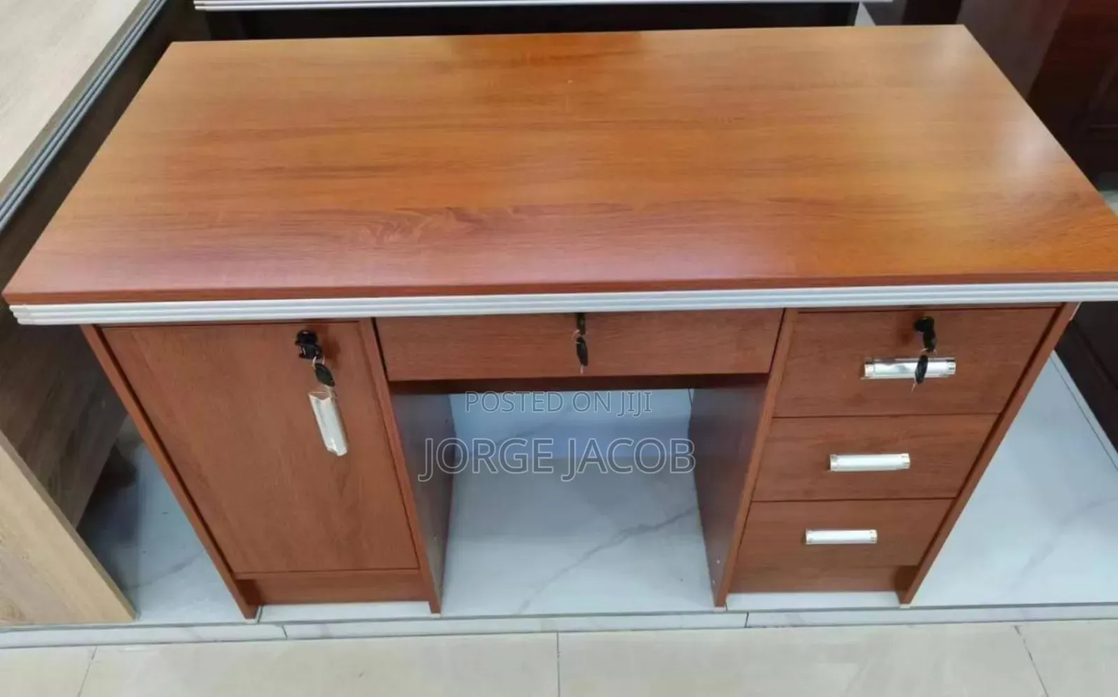 Wooden Office Desk With a Lockable Cabinet and Drawers.
