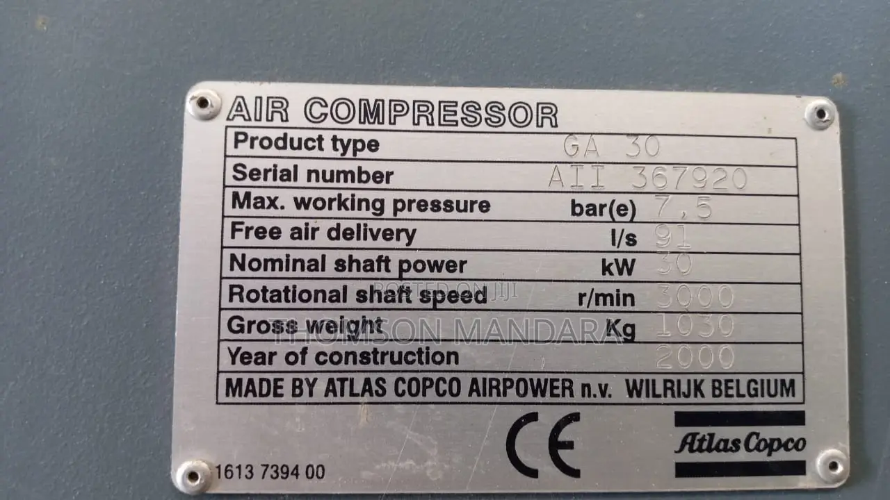 Industrial Compressor Atlas Copco Ga 30 7.5bar