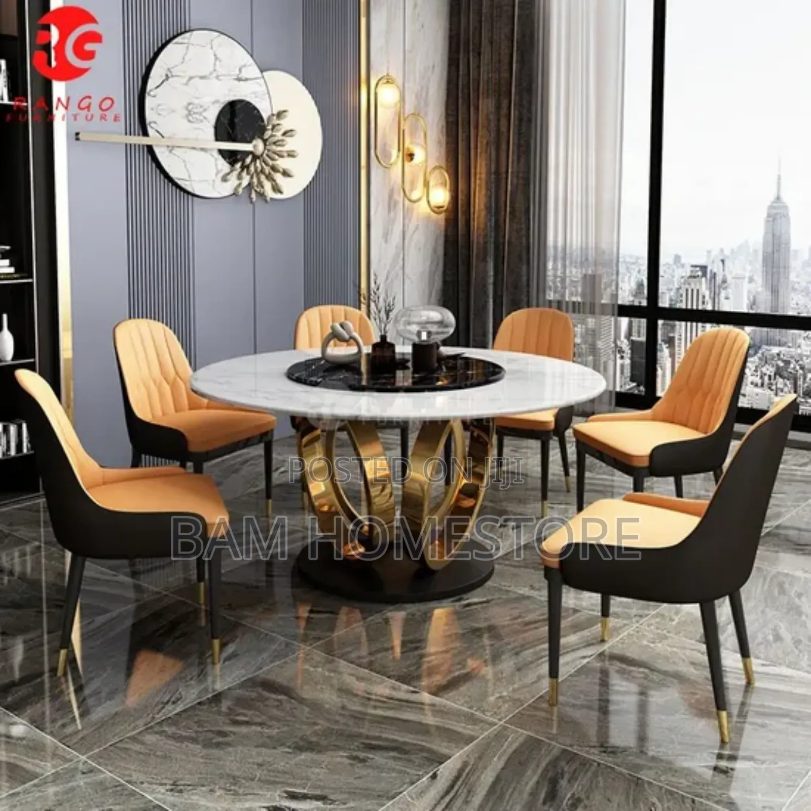 Marble Round Dining Set With Gold Base Rotating Center|Meza Ya Chakula