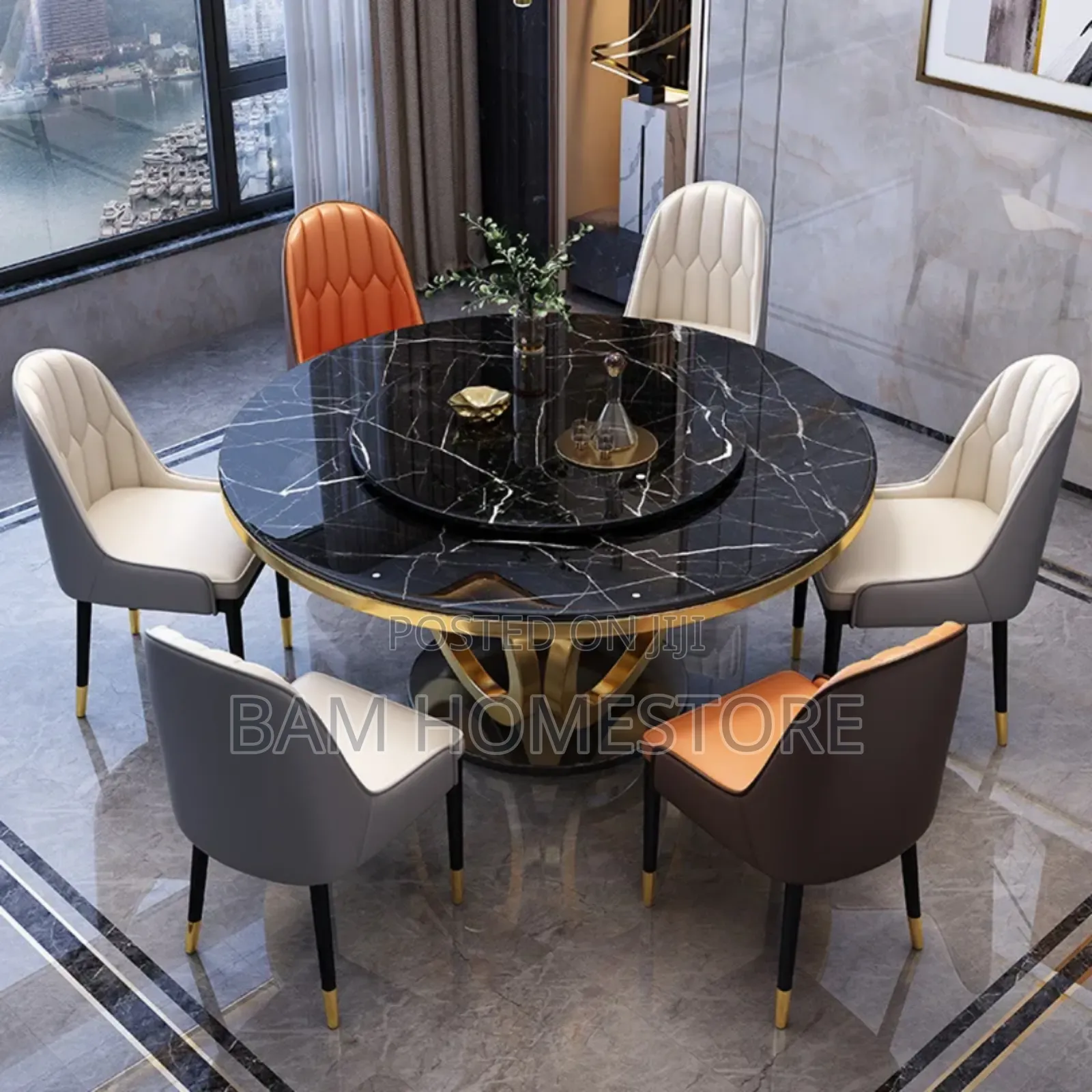 Marble Round Dining Set With Gold Base Rotating Center|Meza Ya Chakula