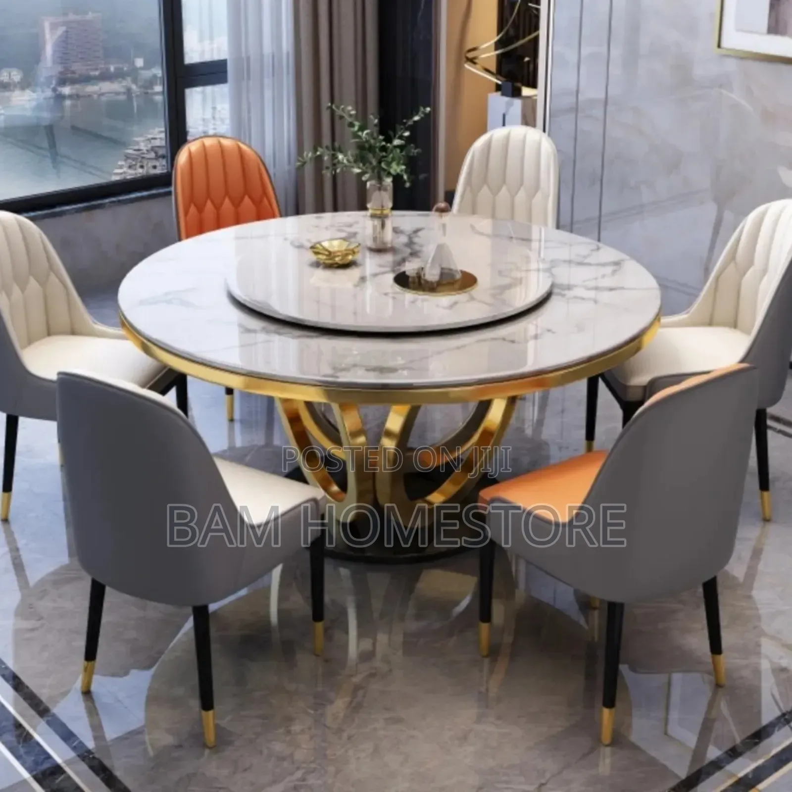 Marble Round Dining Set With Gold Base Rotating Center|Meza Ya Chakula