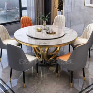 Marble Round Dining Set With Gold Base Rotating Center|Meza Ya Chakula