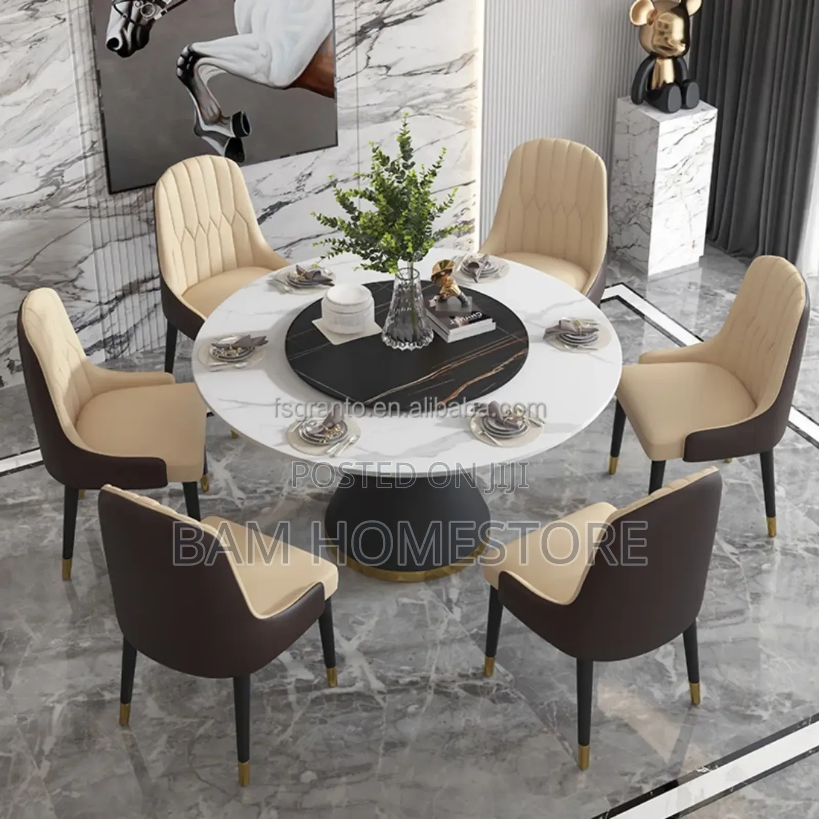 Luxury Marble Round Dining Set With Rotating Center 6 Chairs