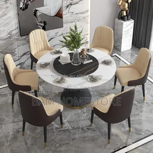 Luxury Marble Round Dining Set With Rotating Center 6 Chairs