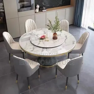 Luxury Marble Round Dining Set With Rotating Center 6 Chairs