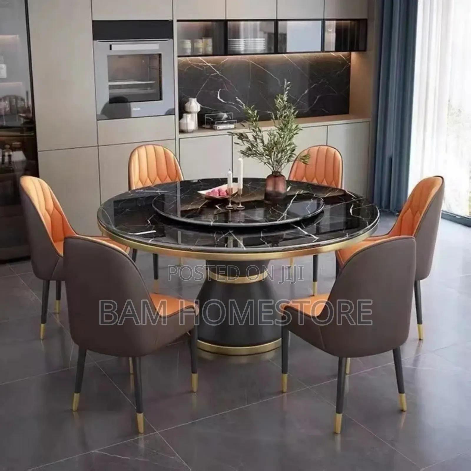 Luxury Marble Round Dining Set With Rotating Center 6 Chairs