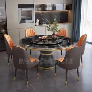 Luxury Marble Round Dining Set With Rotating Center 6 Chairs