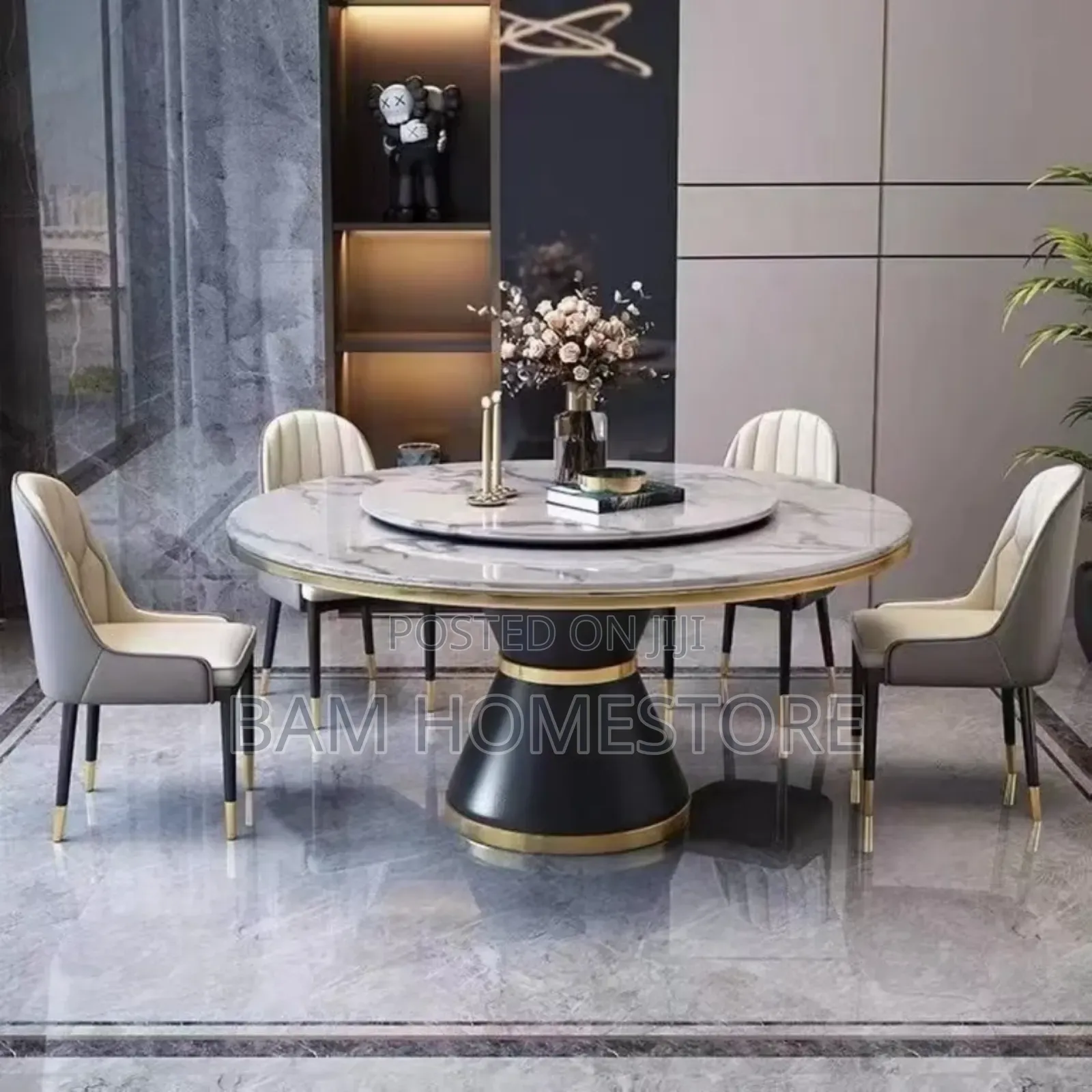 Luxury Marble Round Dining Set With Rotating Center 6 Chairs