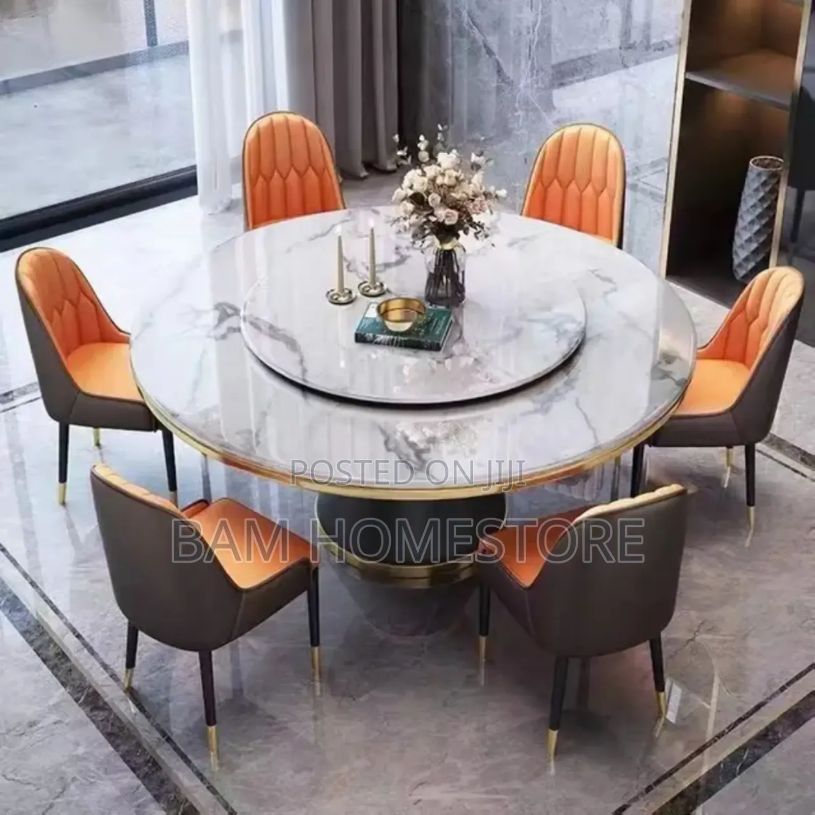 Luxury Marble Round Dining Set With Rotating Center 6 Chairs