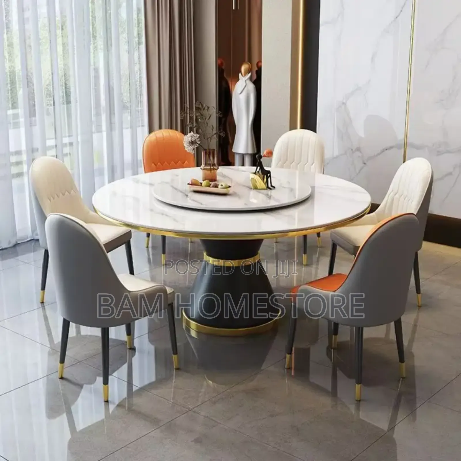 Luxury Marble Round Dining Set With Rotating Center 6 Chairs