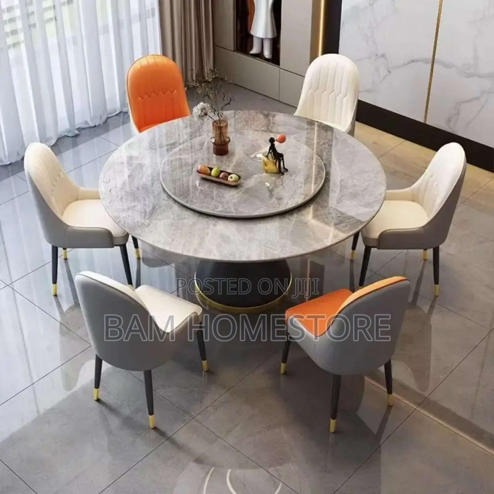 Luxury Marble Round Dining Set With Rotating Center 6 Chairs