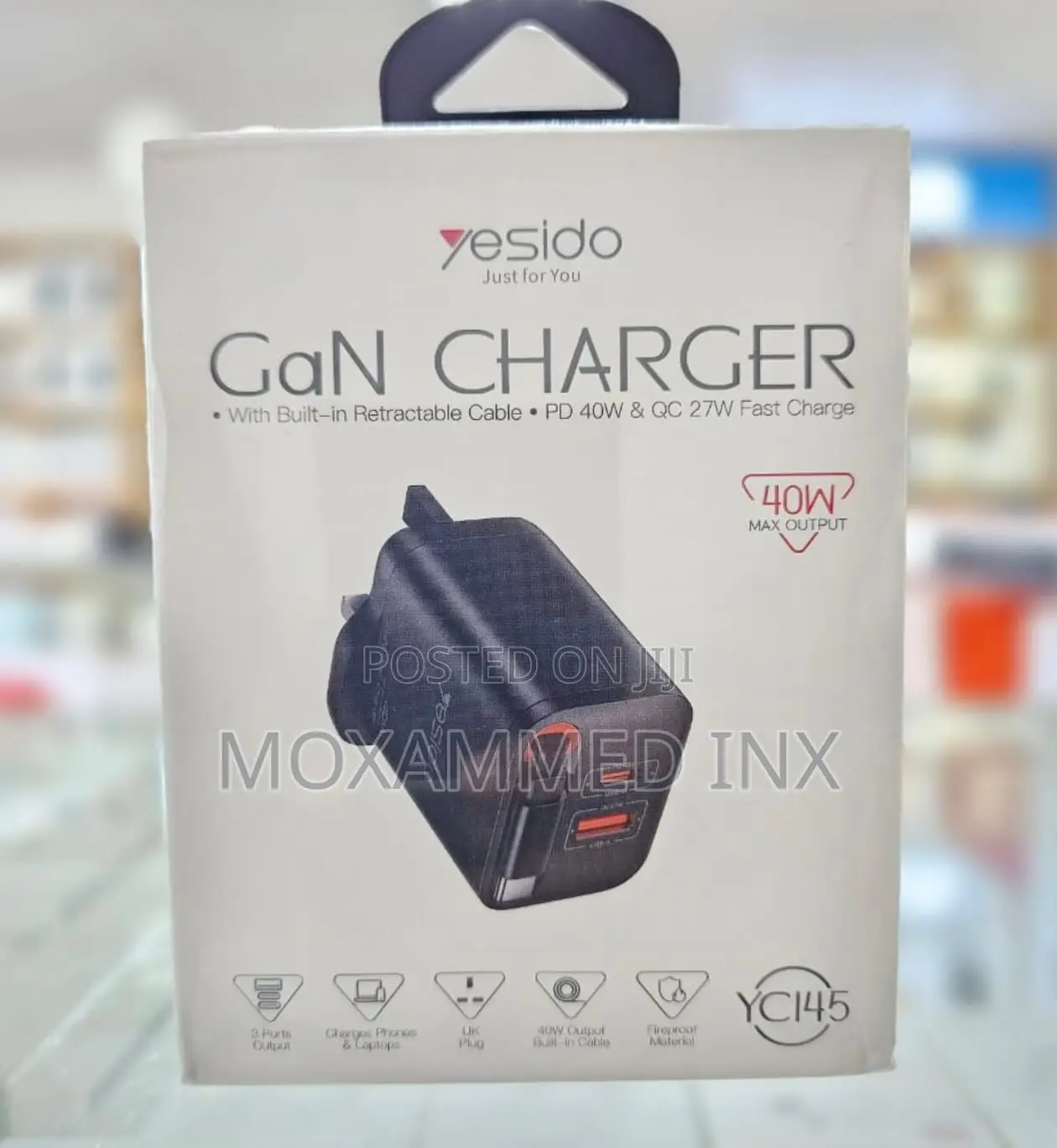 Yc145 Yesido Gan Charger Pd40w With Built-in Retractable Cable