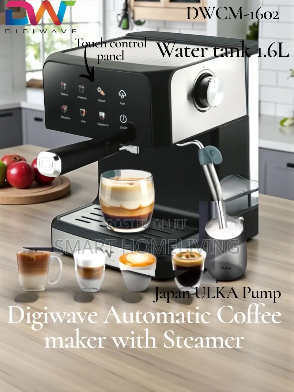 Digiwave Automatic Coffee Maker With Steamer, Model DWCM-1602