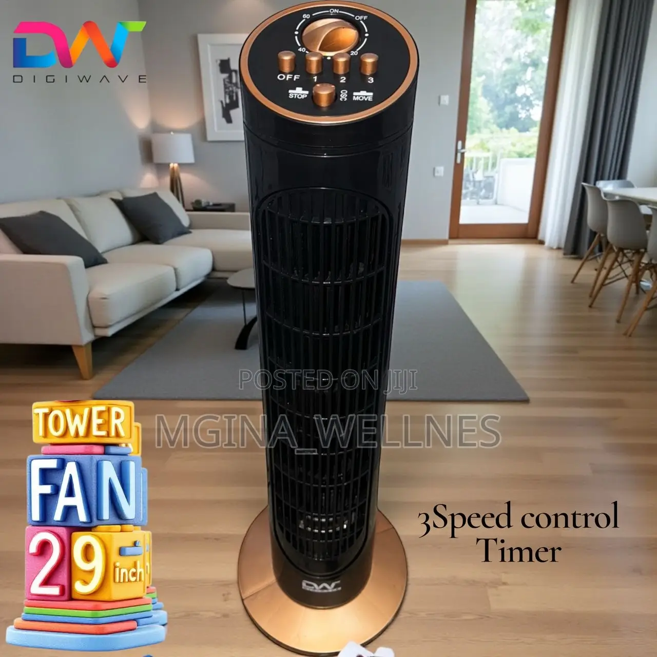 Digiwave 29" Oscillating Tower Fan With Timer -Black, Rose Gold