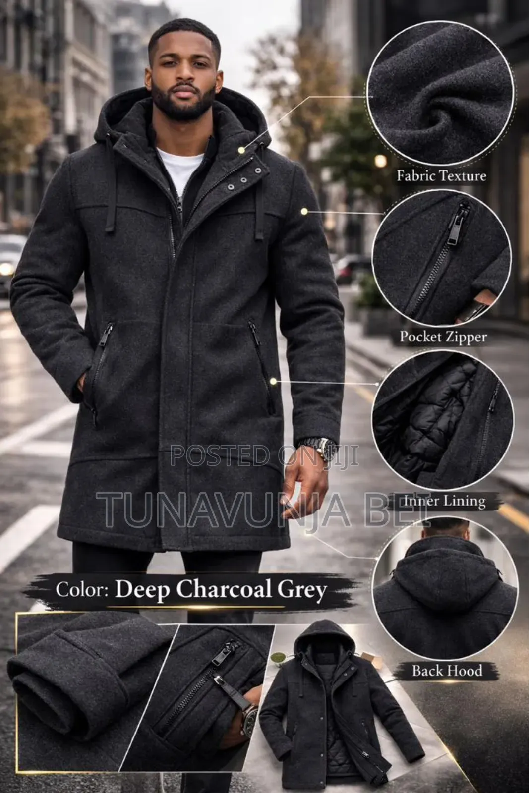 Deep Charcoal Black and Grey Heavy Coat Material