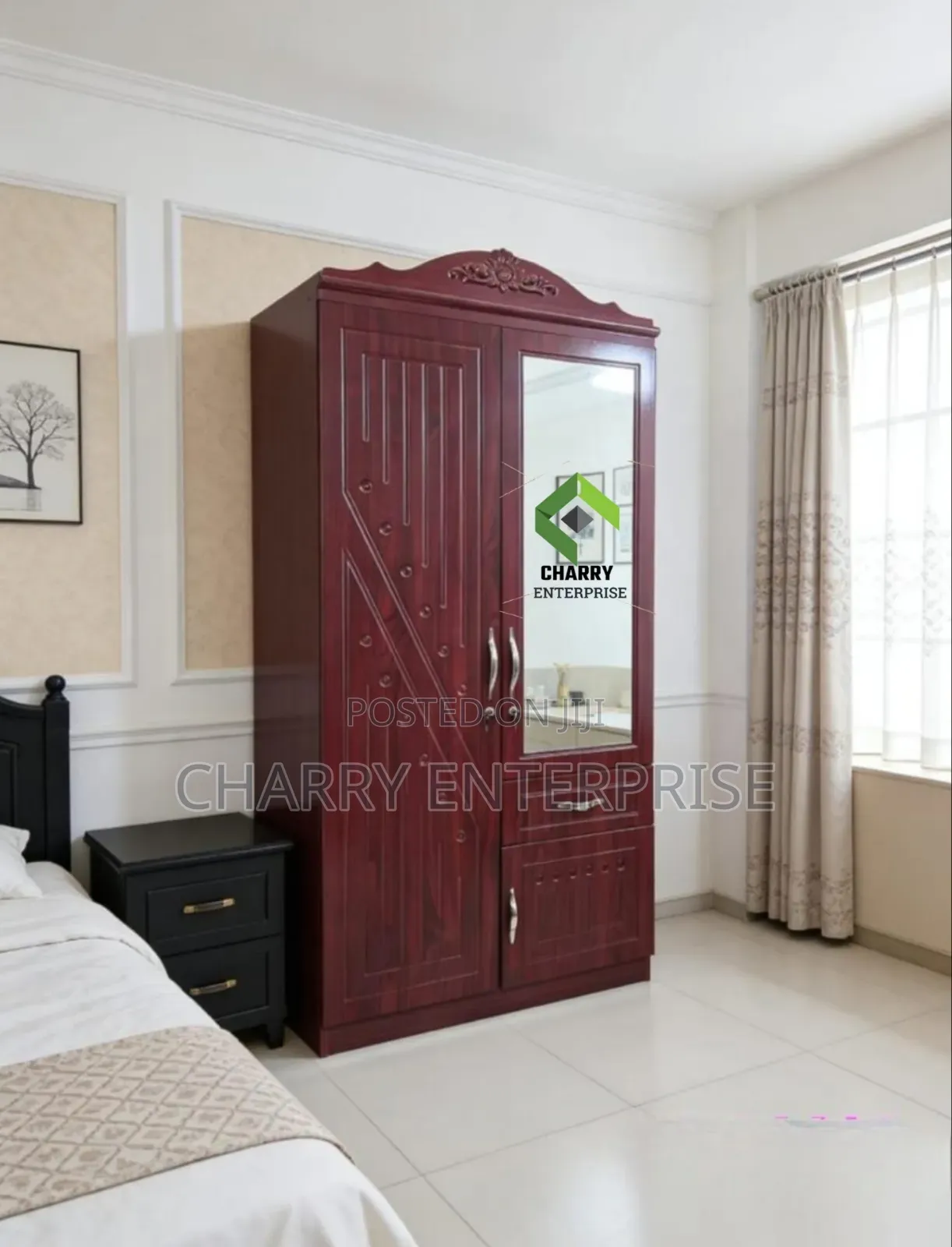 Classic Wooden Wardrobe With Mirrored Door and Drawer Kabati La Nguo