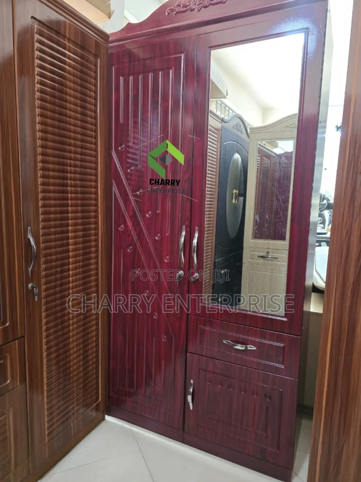 Classic Wooden Wardrobe With Mirrored Door and Drawer Kabati La Nguo